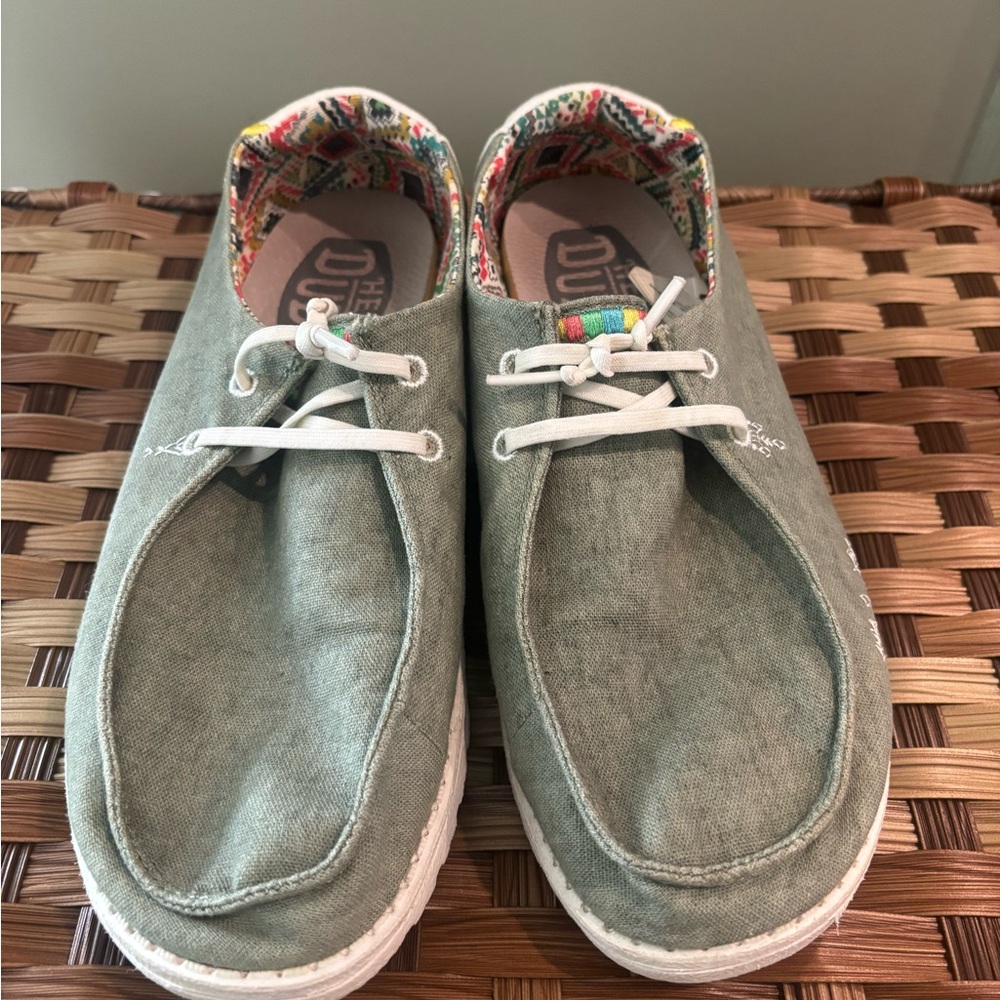 Hey Dude Women's Olive Green Slip-On Flats with White Soles